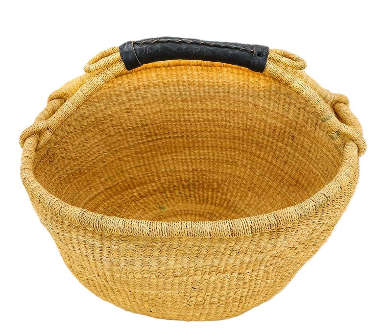 Handwoven African market basket with black handle