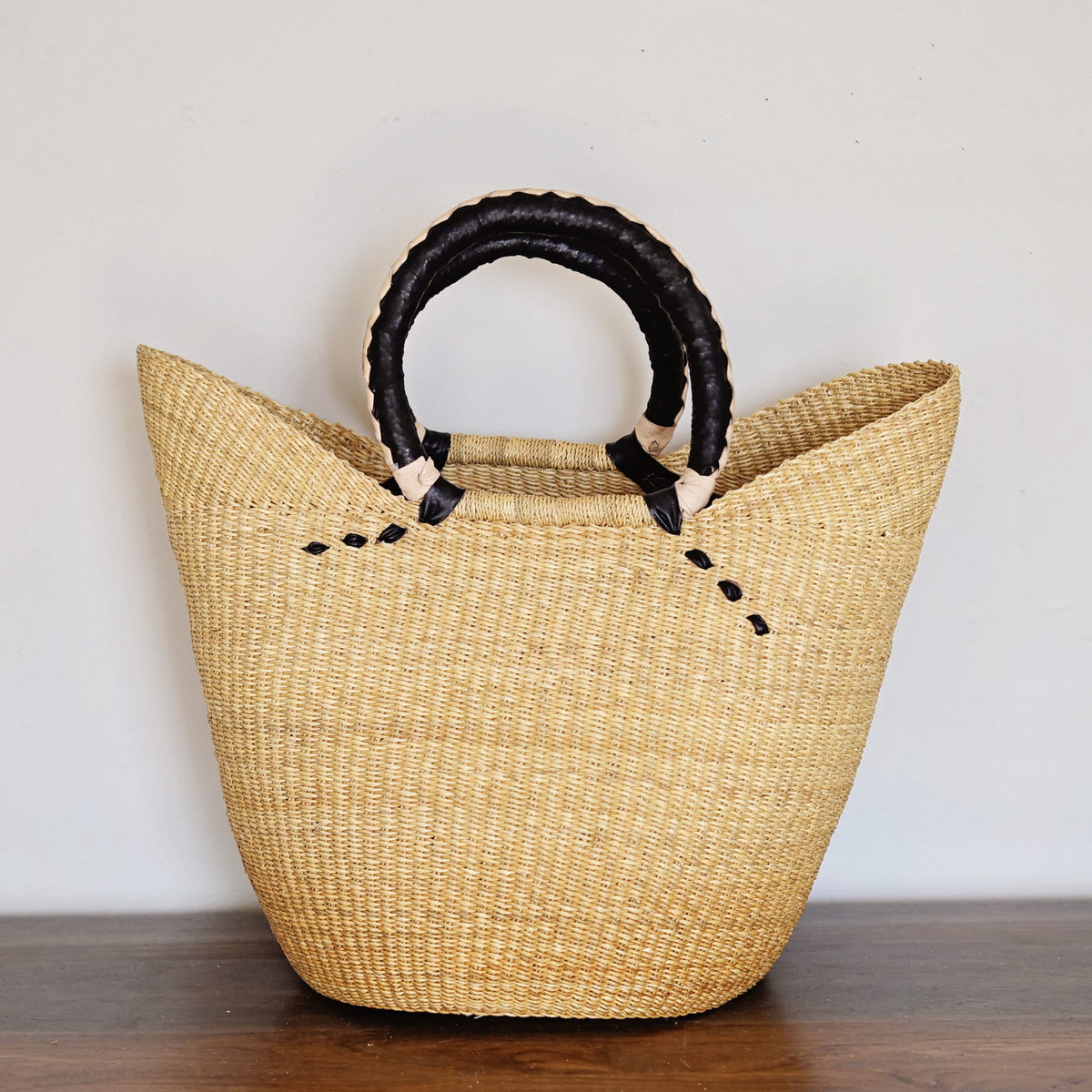 Natural Large Yikene Tote - Black Leather