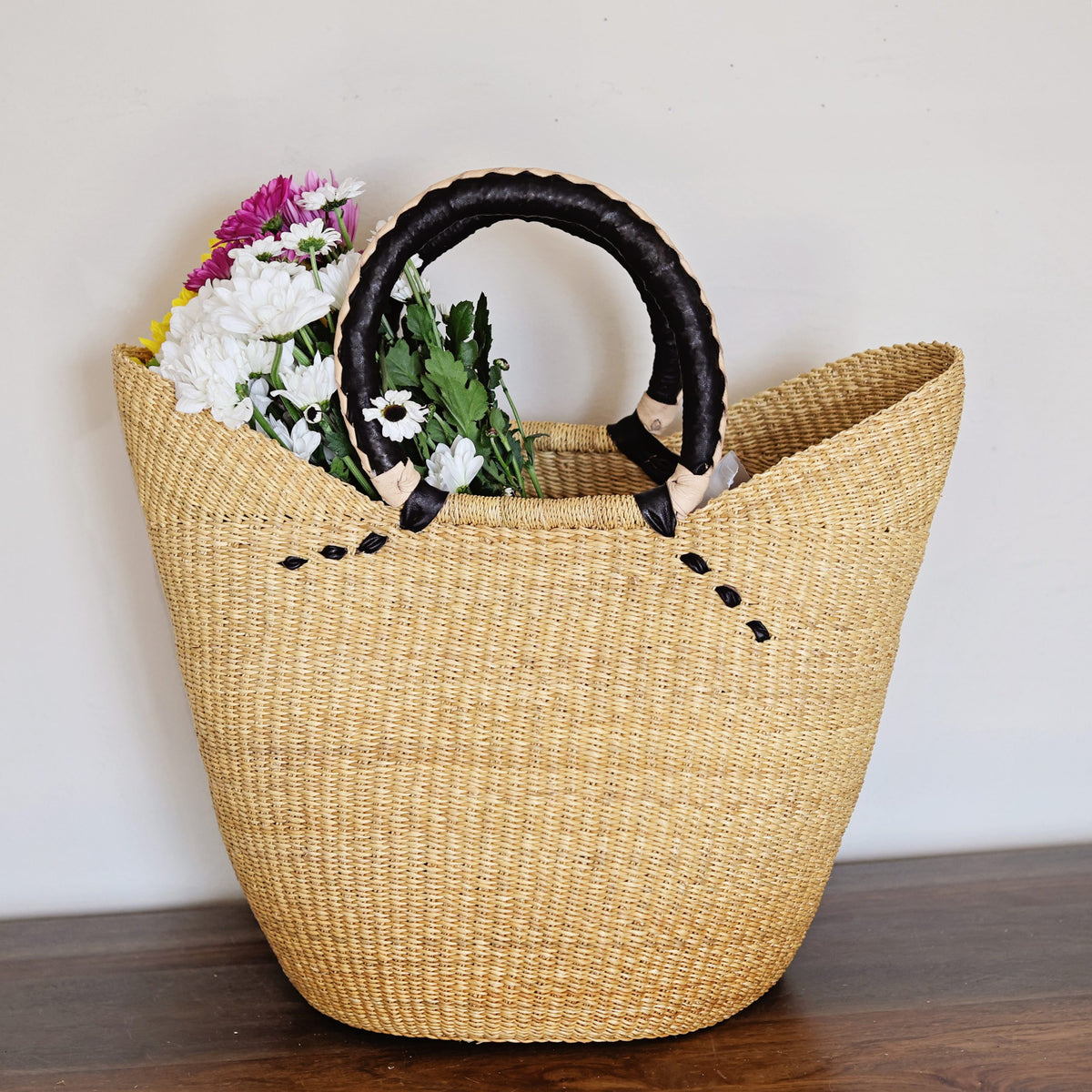 Natural Large Yikene Tote - Black Leather